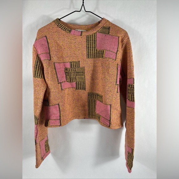 Zara Jacquard Geometric Cropped Sweater Orange Pink Size Small - Picture 2 of 10